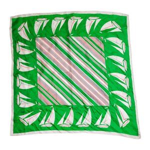 Vintage Echo Silk Scarf Green Nautical Sailboat Print Red Black Stripes As-Is